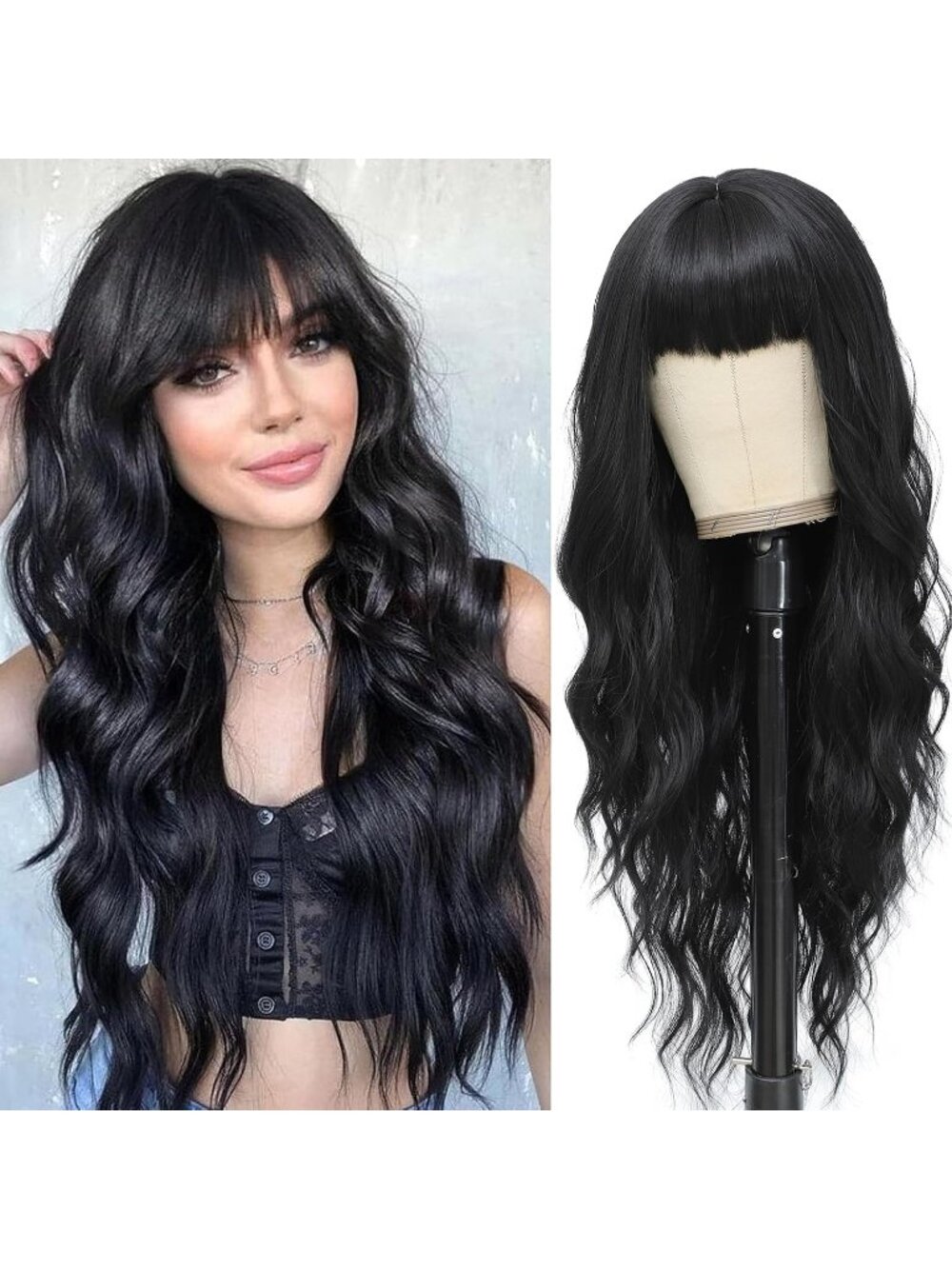 Women's Black 26 Inch Natural Looking Heat Resistant Synthetic Wigs Bangs